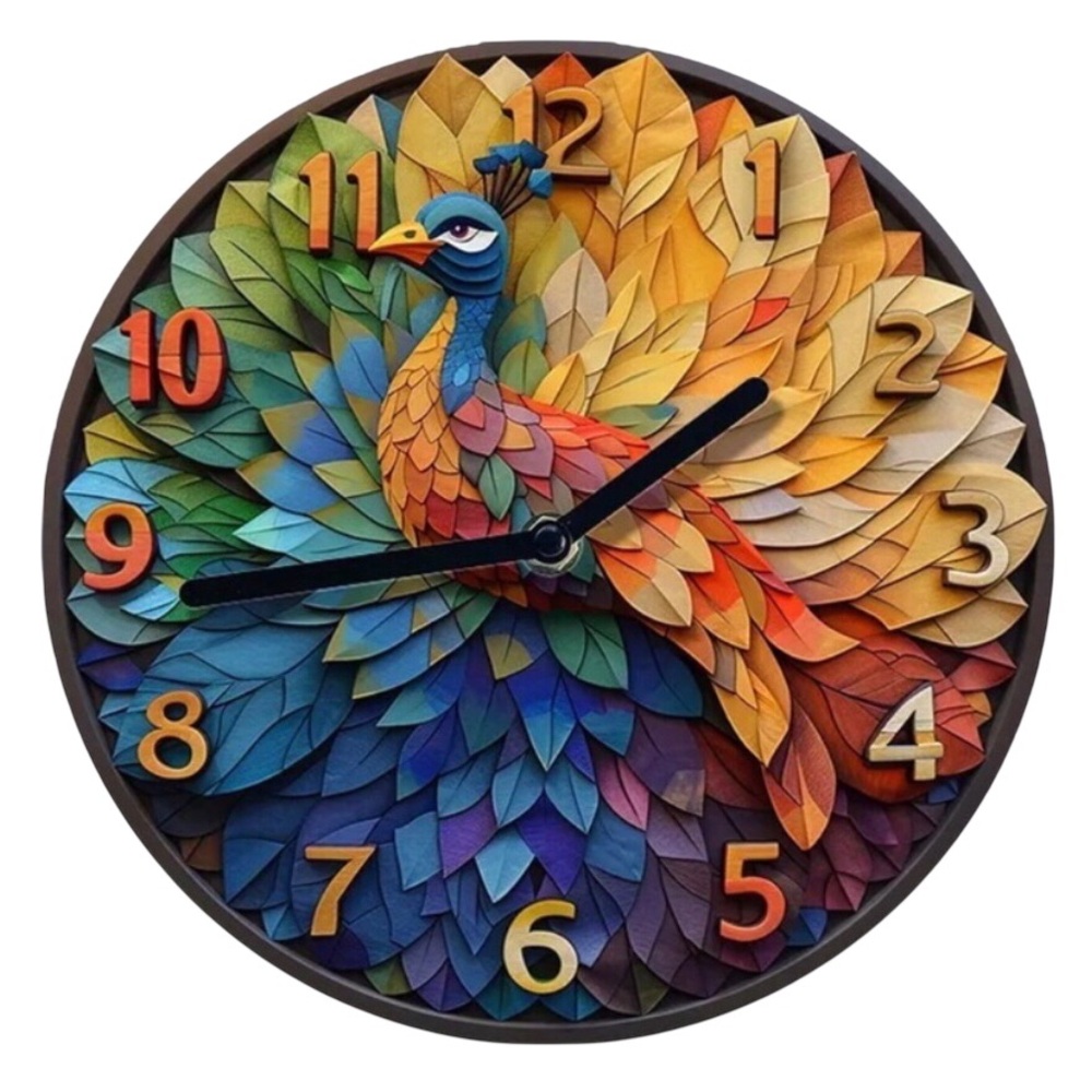 Colorful Feather 2D Effect Peacock Silent Metal Wall Clock